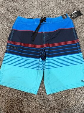 Men’s O'Neill Blue and Red Striped Board Shorts swim trunks. NWT